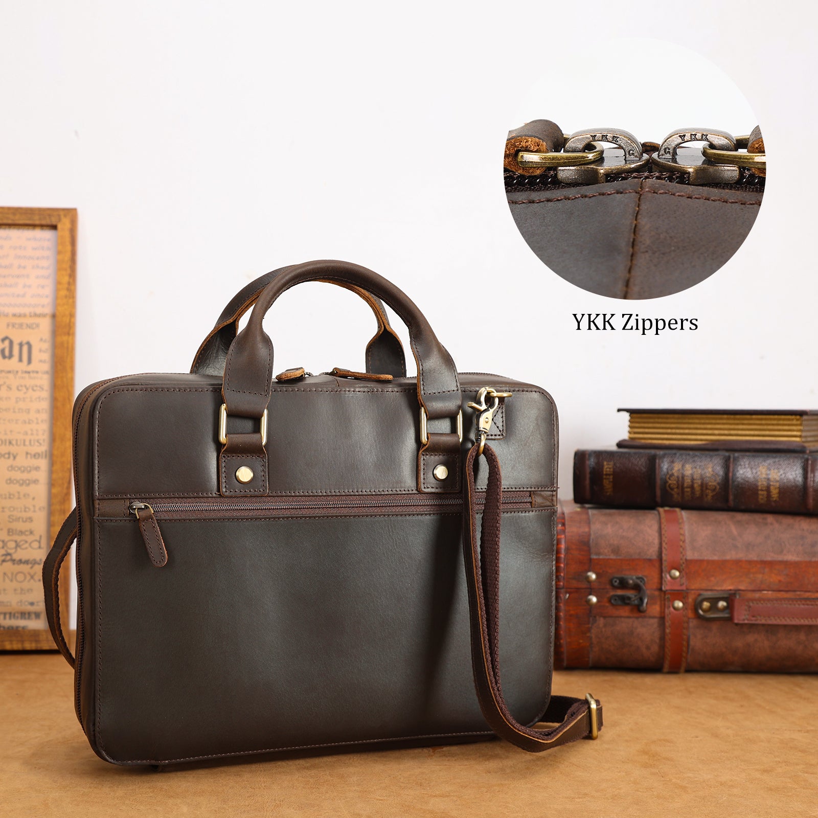 Leather Bible Cover Case Carrying Book Bag (Dark Brown,YKK Zippers)