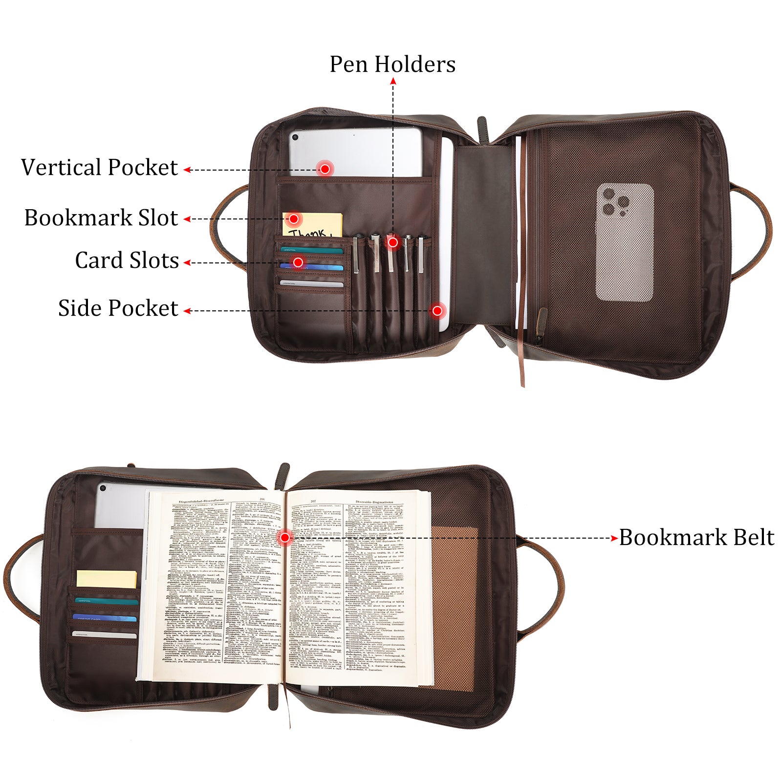 Leather Bible Cover Case Carrying Book Bag (Dark Brown,Inside)