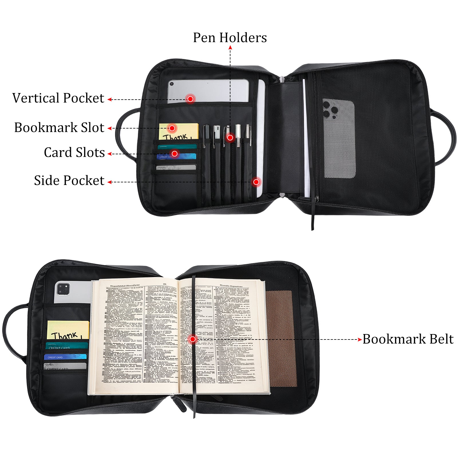 Leather Bible Cover Case Carrying Book Bag (Black,Inside)