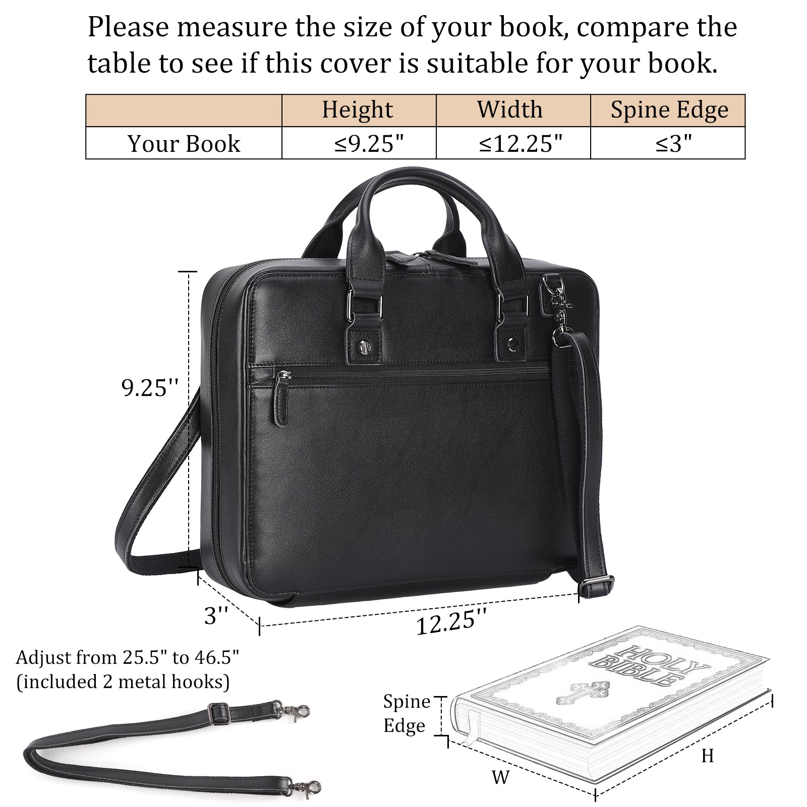 Leather Bible Cover Case Carrying Book Bag (Black,Dimension)