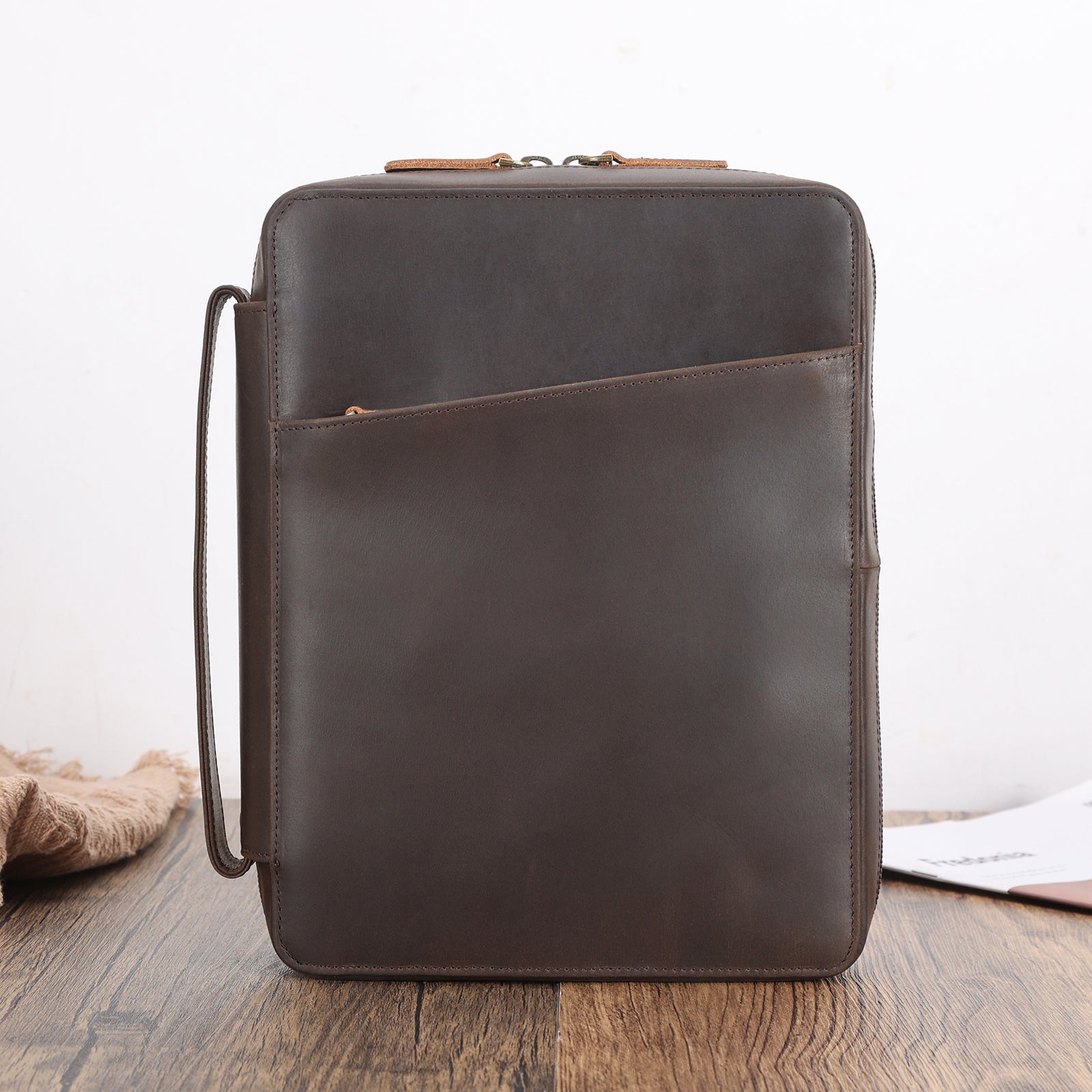 Full Grain Leather Bible Cover Church Bag (Dark Brown,Front)