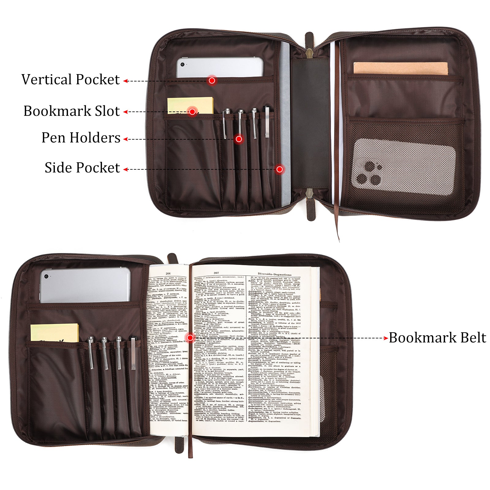 Full Grain Leather Bible Cover Church Bag (Dark Brown,Inside)