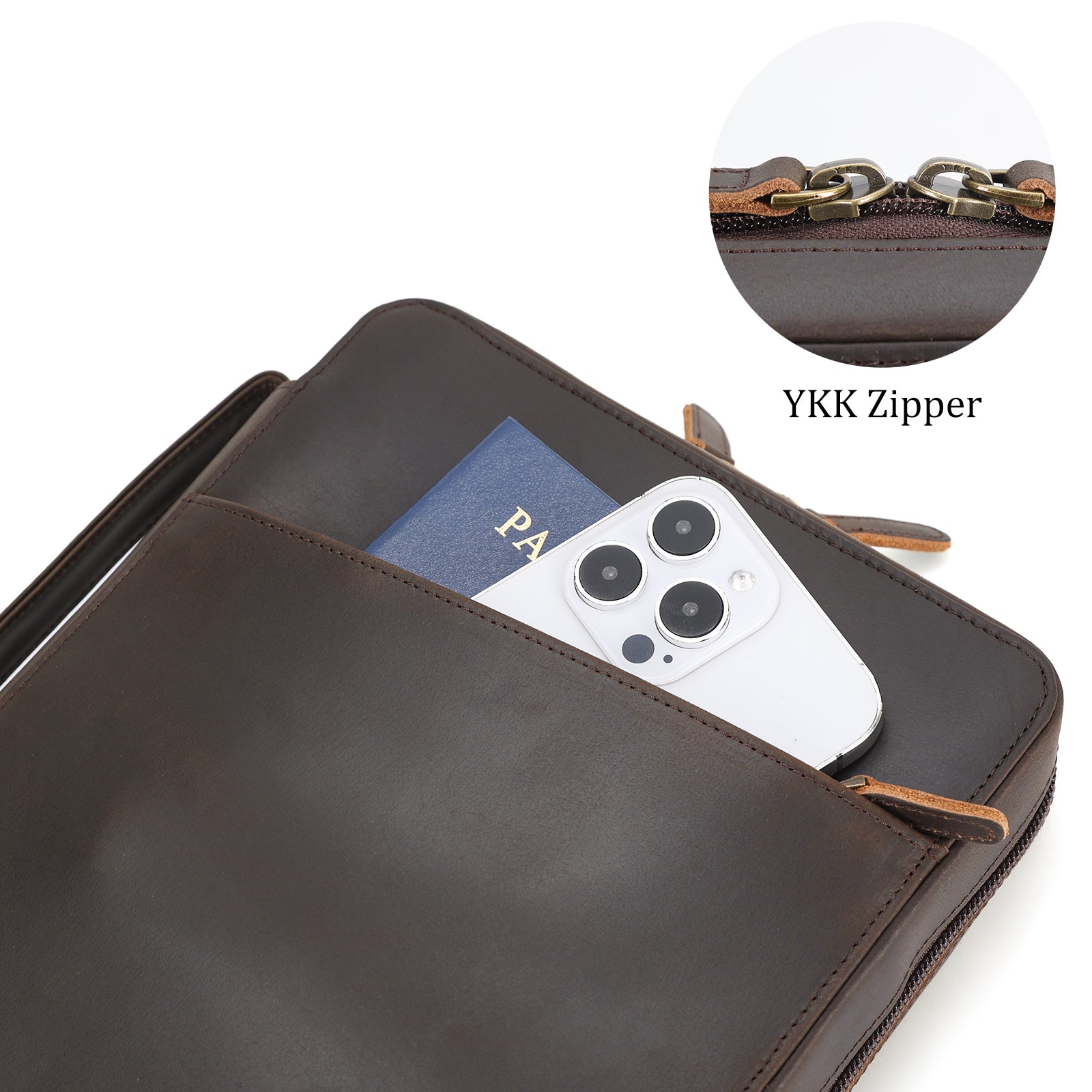 Full Grain Leather Bible Cover Church Bag (Dark Brown,Front Pocket)