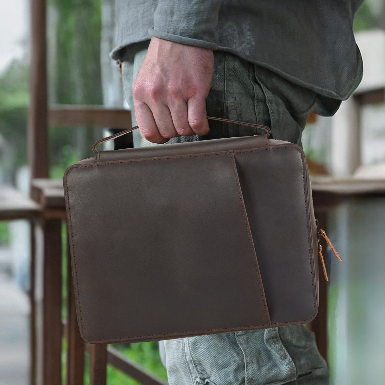 Full Grain Leather Bible Cover Church Bag (Dark Brown,Model Display)