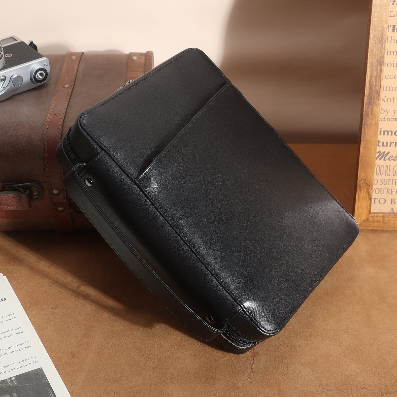 Full Grain Leather Bible Cover Church Bag (Black,Scenario Shows)