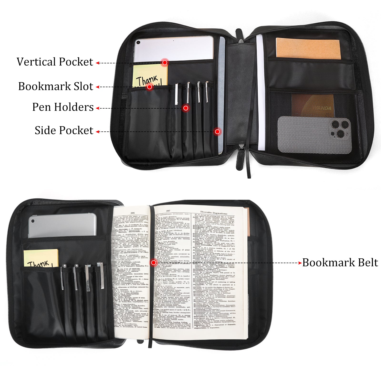 Full Grain Leather Bible Cover Church Bag (Black,Inside)