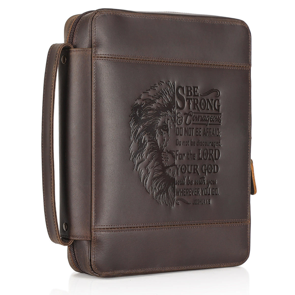 Full Grain Leather Bible Cover with embossed lion and scripture design