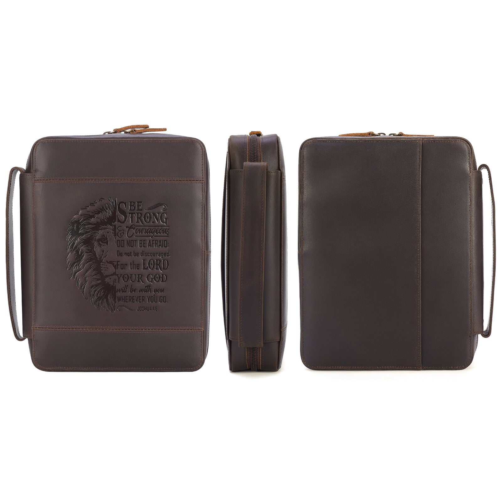 Full Grain Leather Bible Cover Church Bag for Men and Women (Front/Profile/Back)
