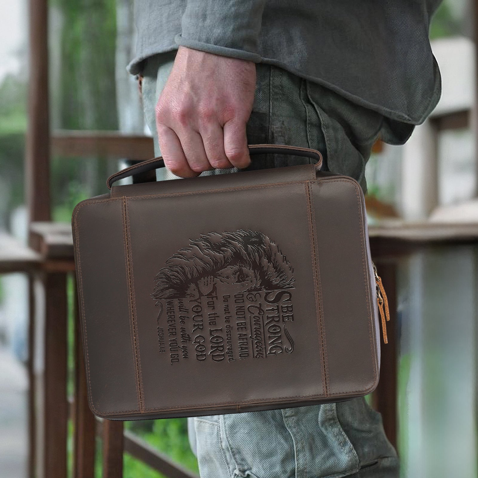 Full Grain Leather Bible Cover Church Bag for Men and Women (Model Display)