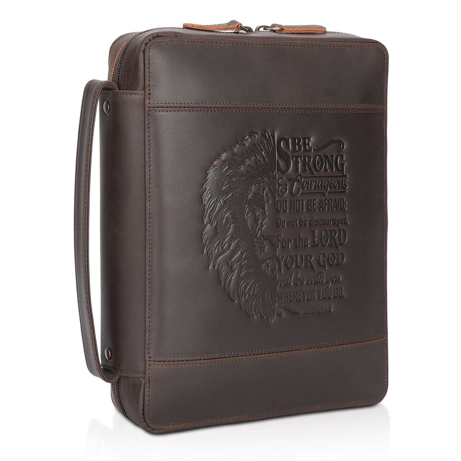 Polare Full Grain Leather Bible Cover Church Bag 10.5x7.75x2.25 inch Carrying Book Bible Protective Case with Handle and YKK Zipper Christian