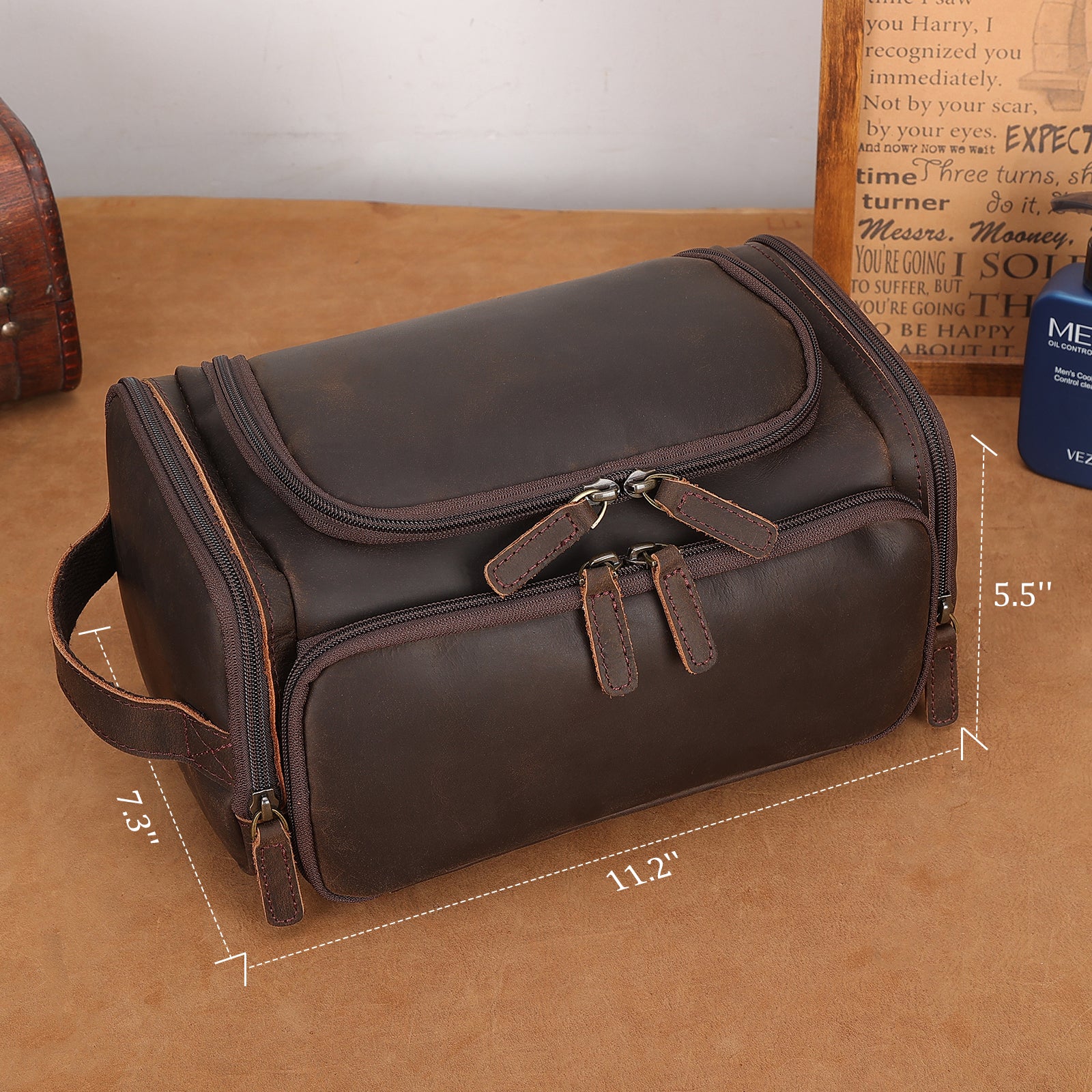 Leather Travel Toiletry Bag Hanging Makeup Cosmetic Wash Case