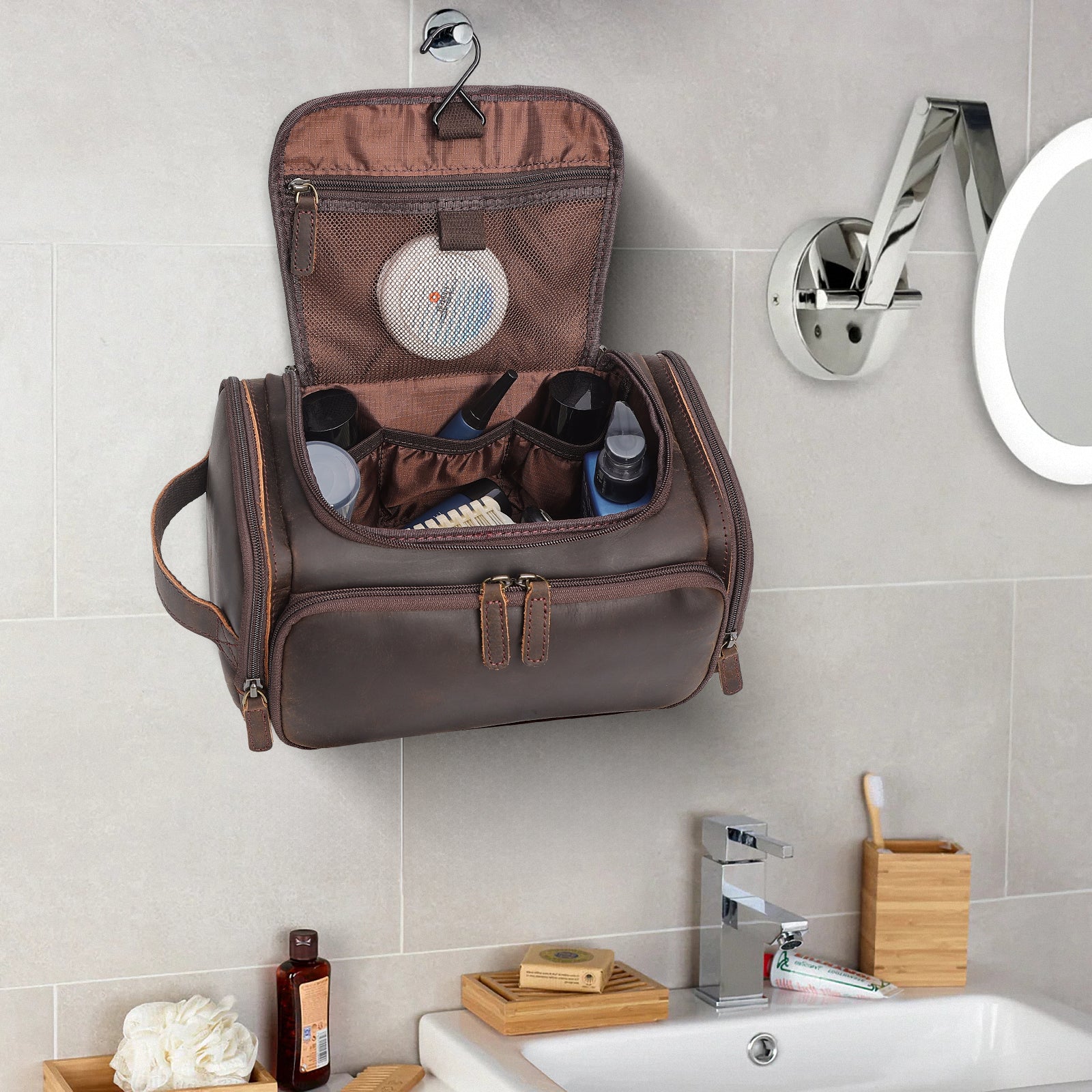 Leather Travel Toiletry Bag Hanging Makeup Cosmetic Wash Case