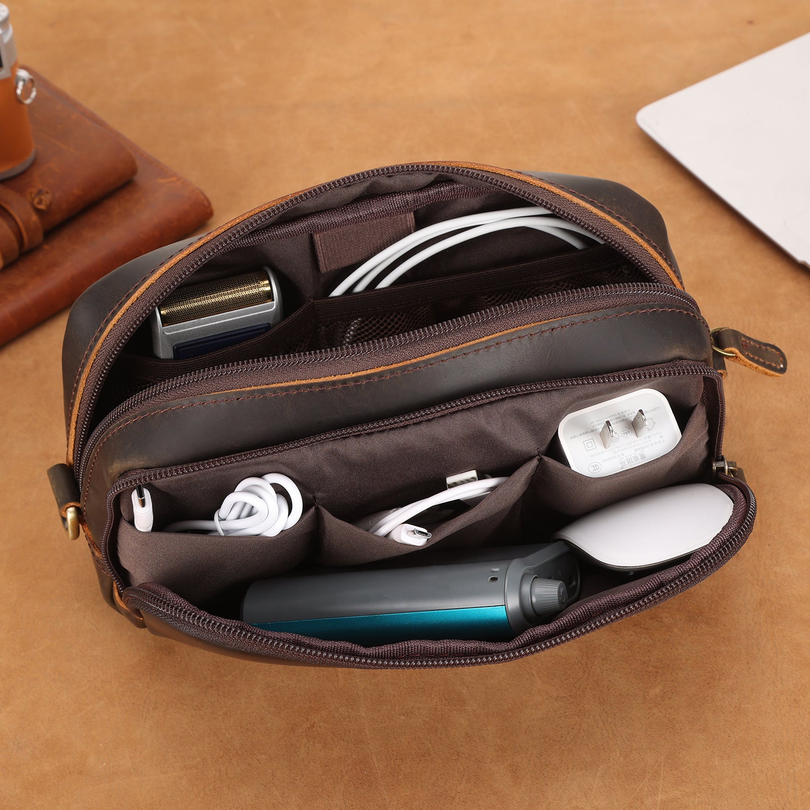 Leather Travel Electronics Organizer Case Cable Storage Carry Bag (Scenario Shows)