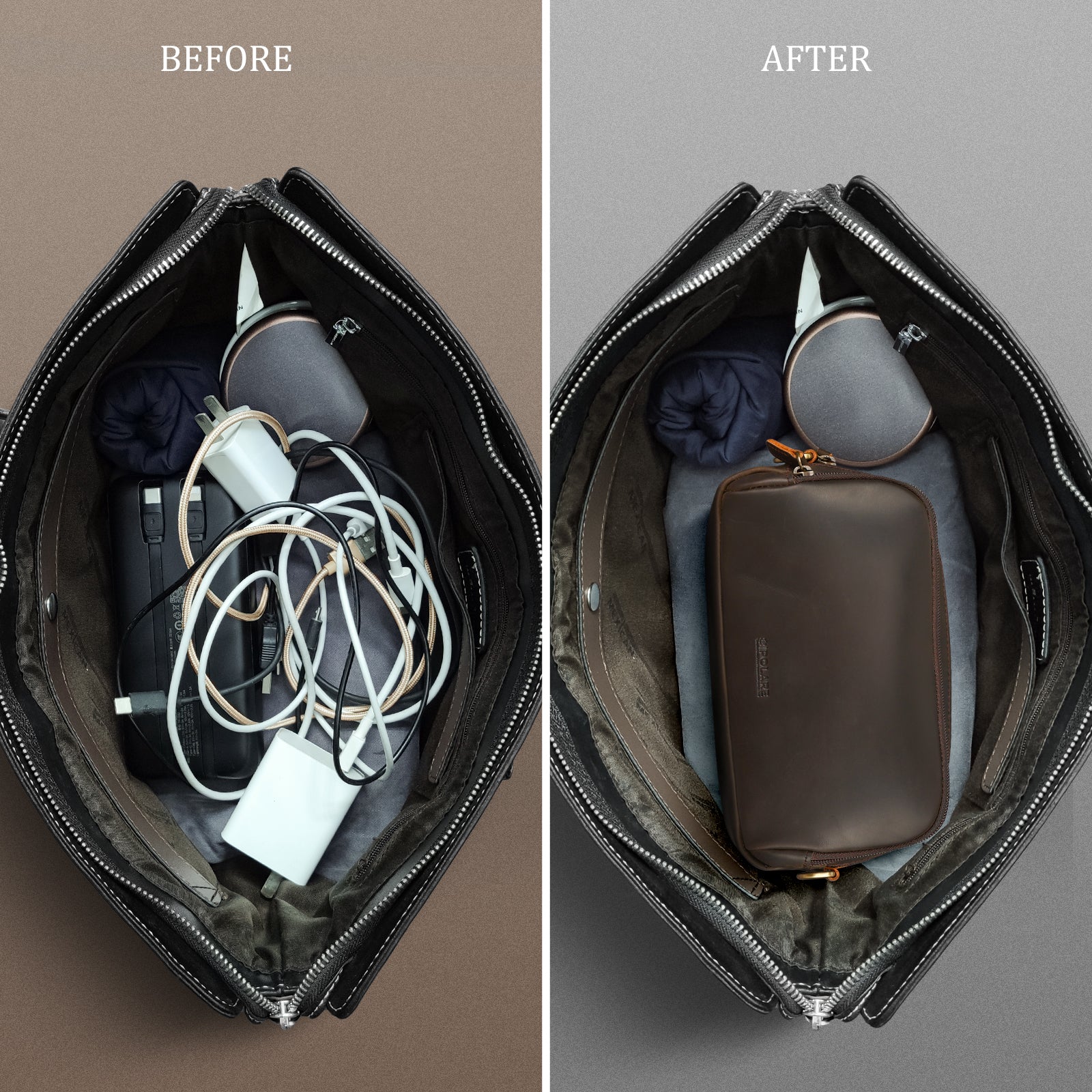 Leather Travel Electronics Organizer Case Cable Storage Carry Bag (Scenario Shows)