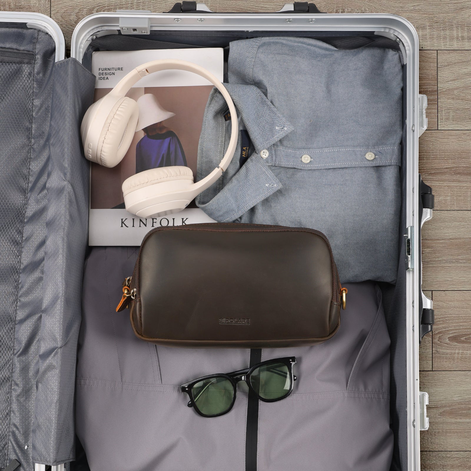 Leather Travel Electronics Organizer Case Cable Storage Carry Bag (Scenario Shows)