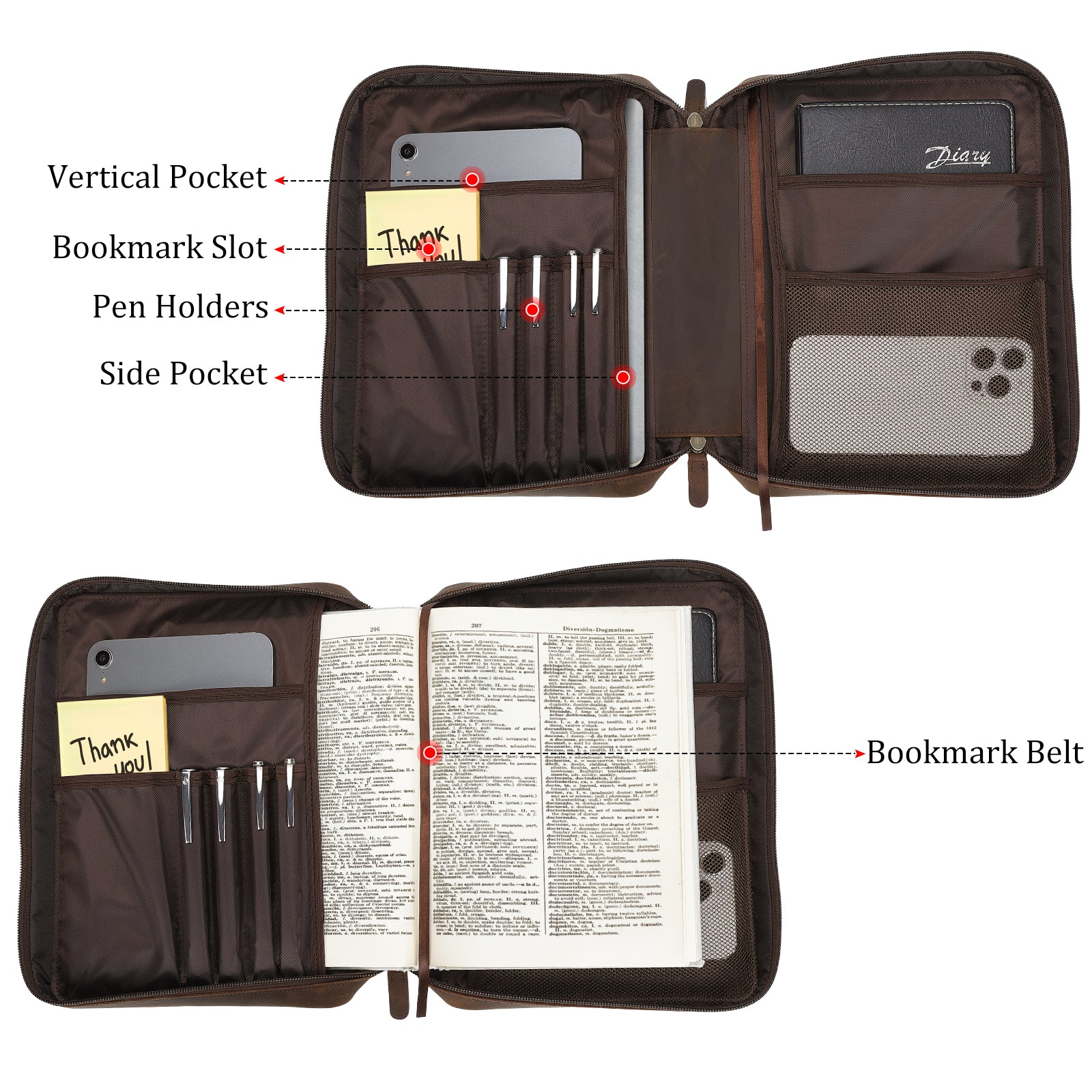 Full Grain Leather Bible Cover Church Bag (Inside)
