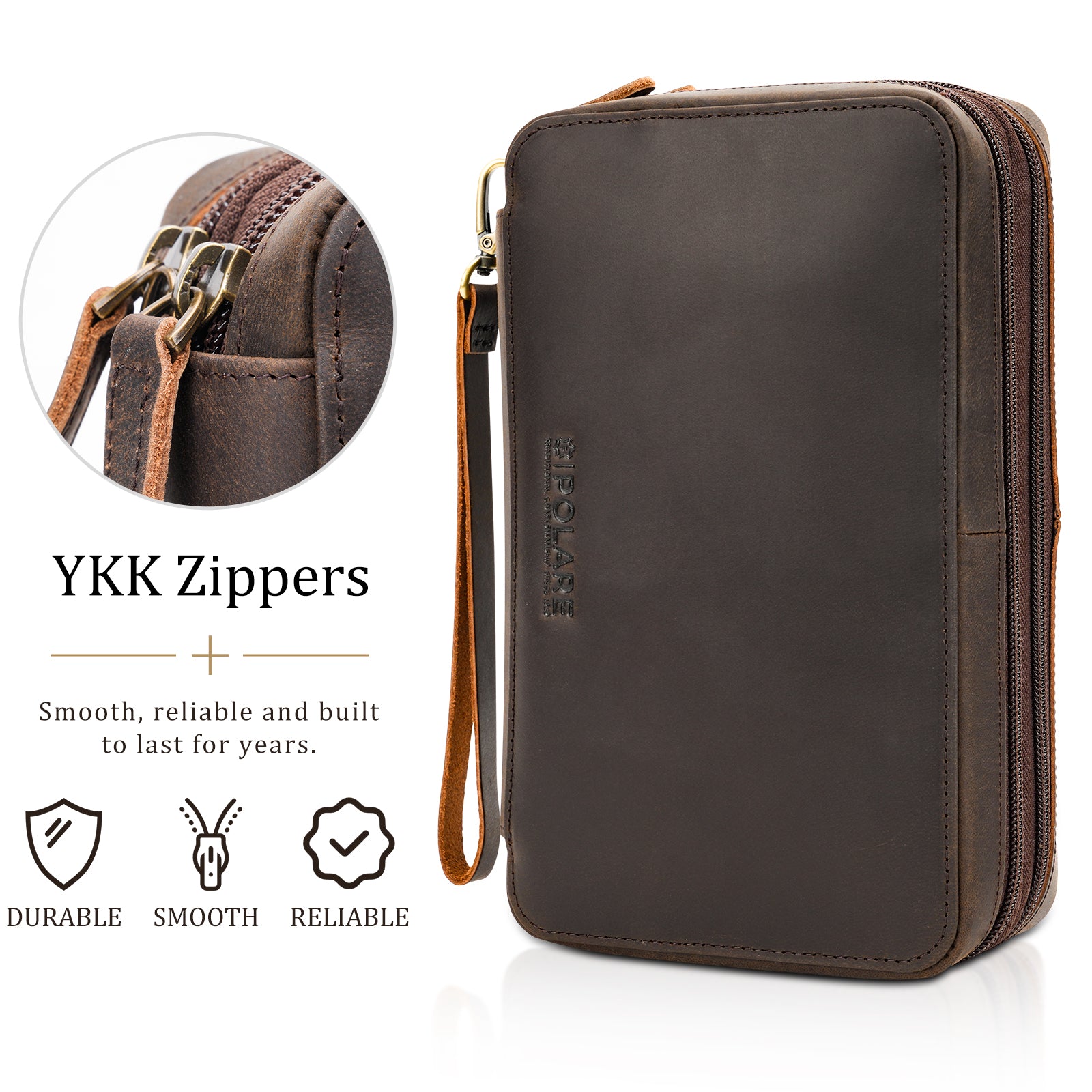 Polare Full Grain Leather Cable Organizer Travel Case Double Layers Electronics Accessories Carry Bag with YKK Zippers All-in-One Tech Storage Pouch for Cords, Power Bank, USB, Charger