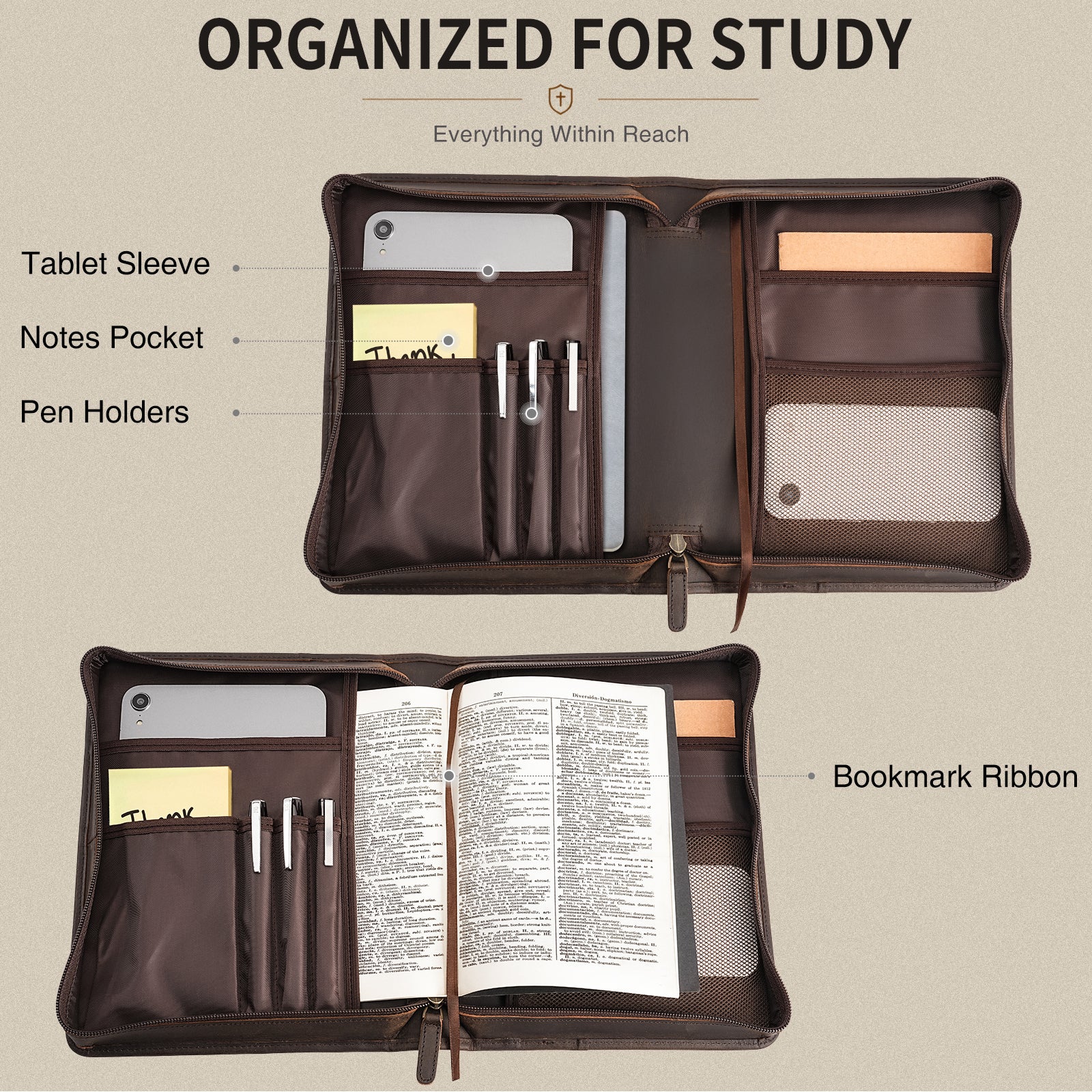 Leather Bible Cover with Cross multiple interior organizer pockets