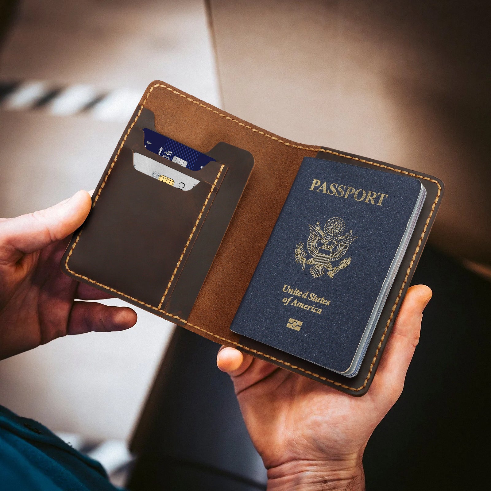 Handmade Bifold Full Grain Leather Passport Wallet for Men and Women (Model Display)