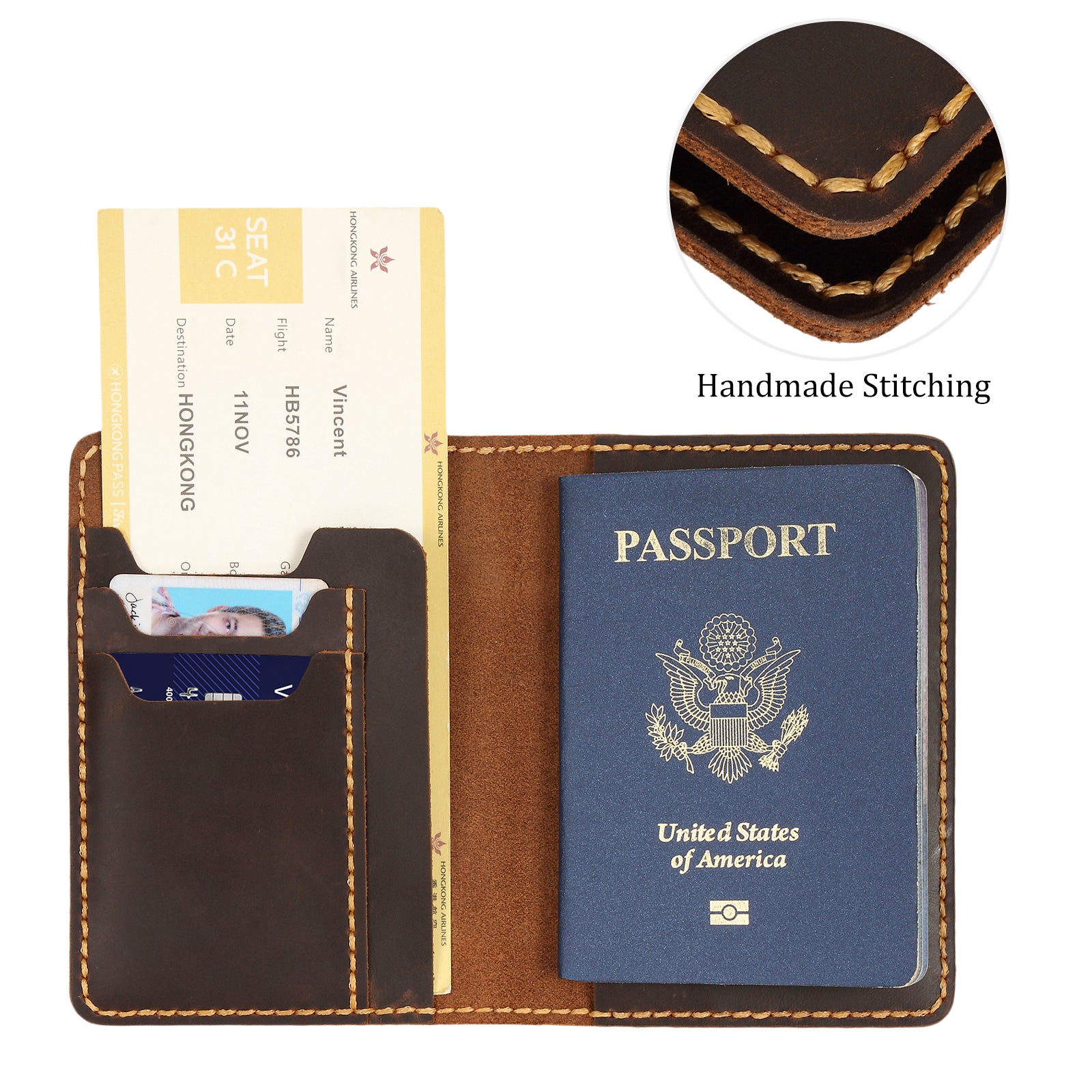 Handmade Bifold Full Grain Leather Passport Wallet for Men and Women (Inside)