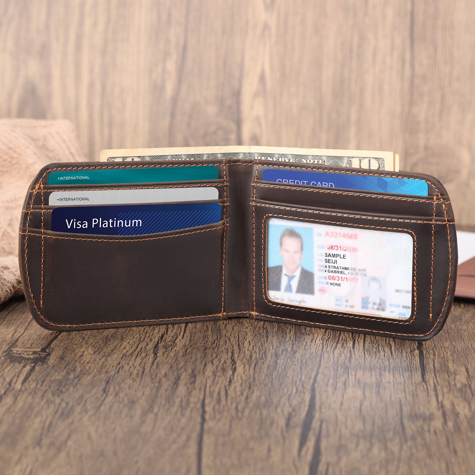 Leather Bifold Wallet for Men with AirTag Slot (Inside)