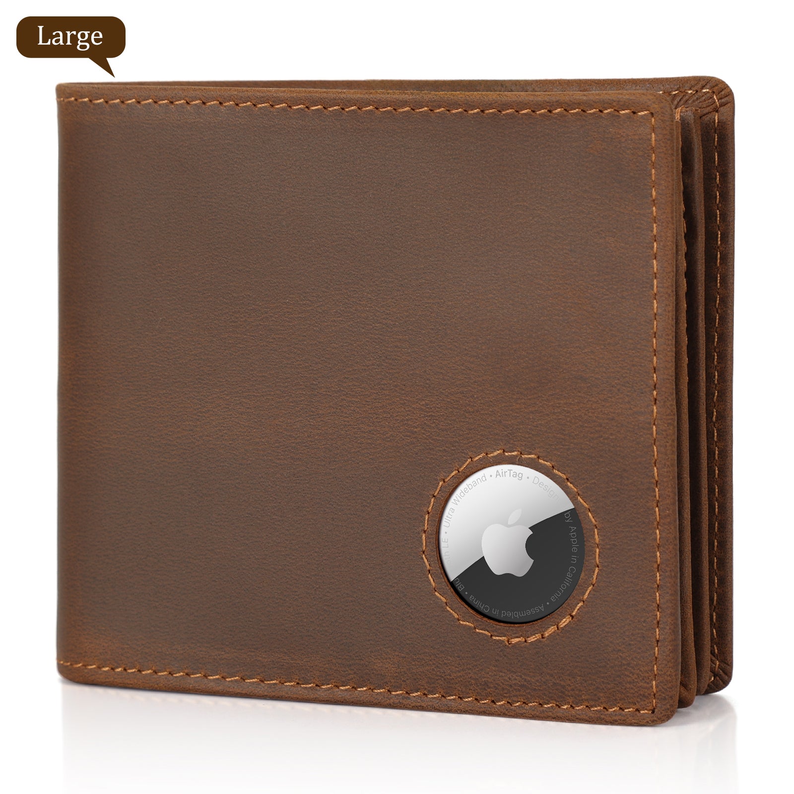 Full Grain Cowhide Leather Bifold Wallet with AirTag Slot (Large)