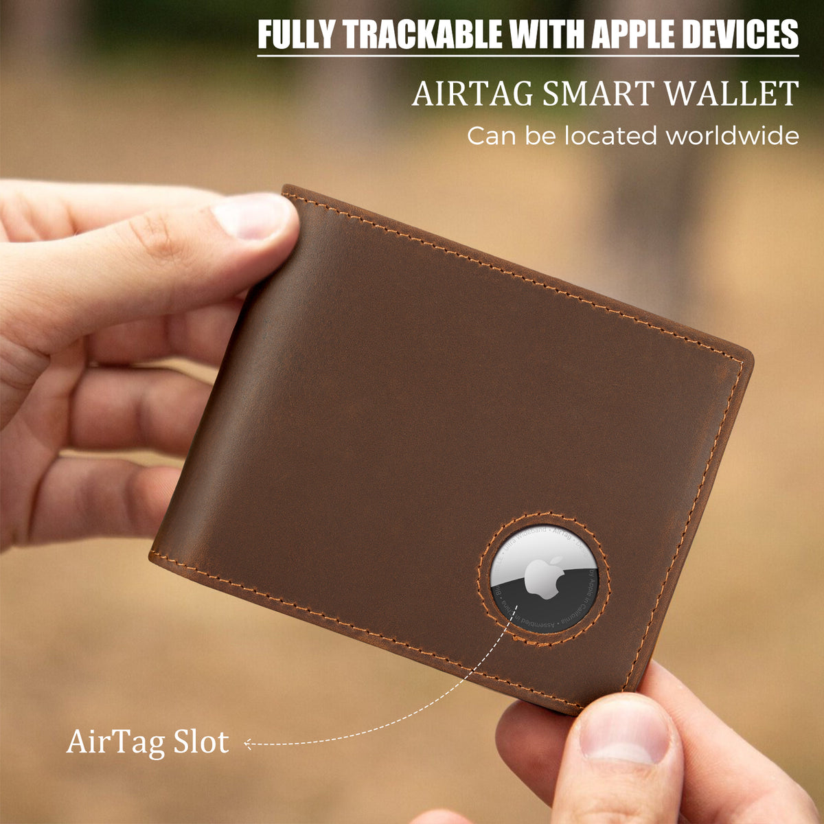 Full Grain Leather Bifold Wallet with AirTag Slot trackable wallet for Apple AirTag