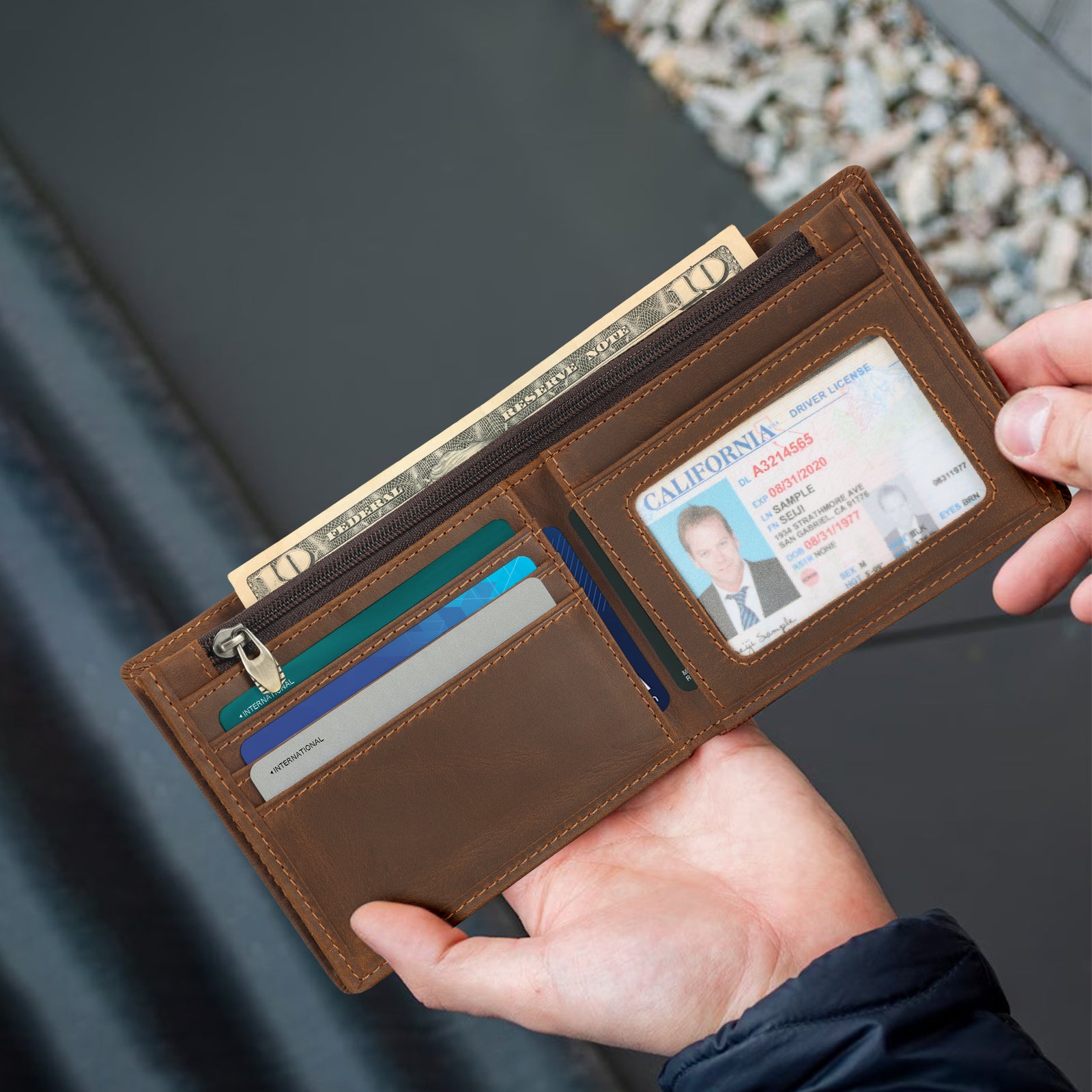 Full Grain Cowhide Leather Bifold Wallet with AirTag Slot (Model Display)