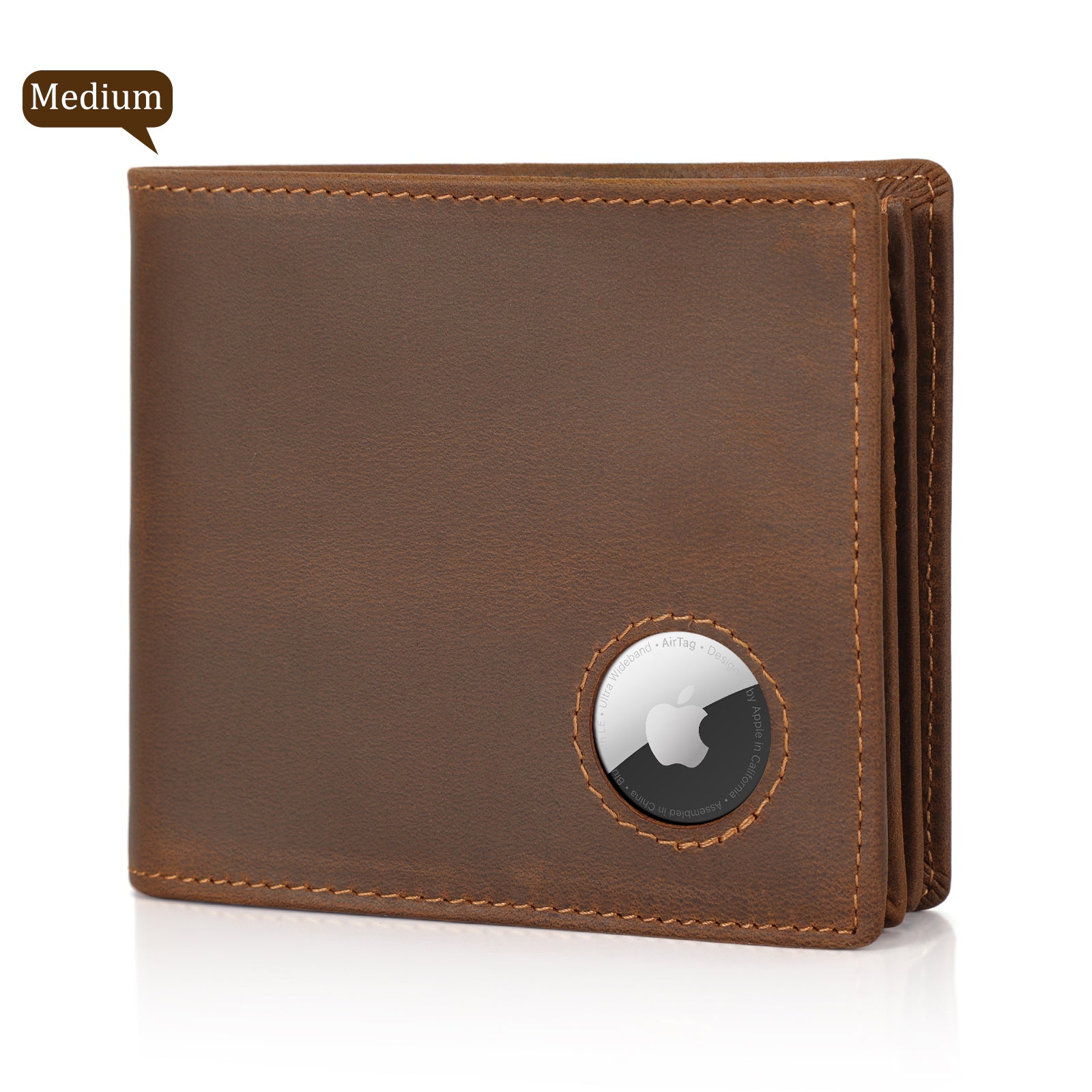Full Grain Cowhide Leather Bifold Wallet with AirTag Slot (Medium)