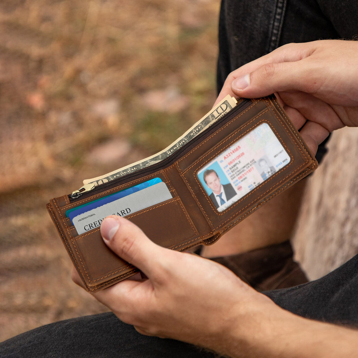Full Grain Leather Bifold Wallet with AirTag Slot everyday carry for men