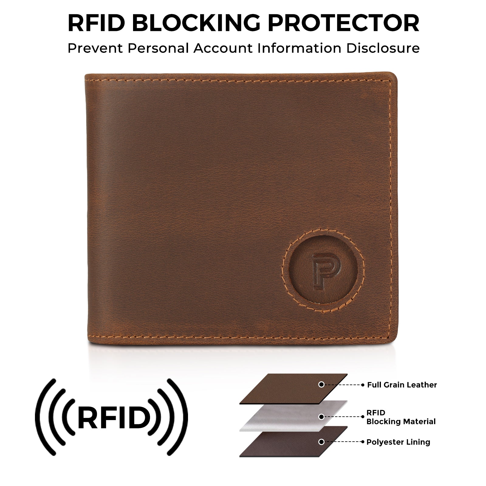Full Grain Cowhide Leather Bifold Wallet with AirTag Slot (RFID Blocking)