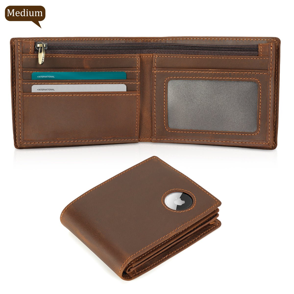 Full Grain Leather Bifold Wallet with AirTag Slot medium size card and ID organizer