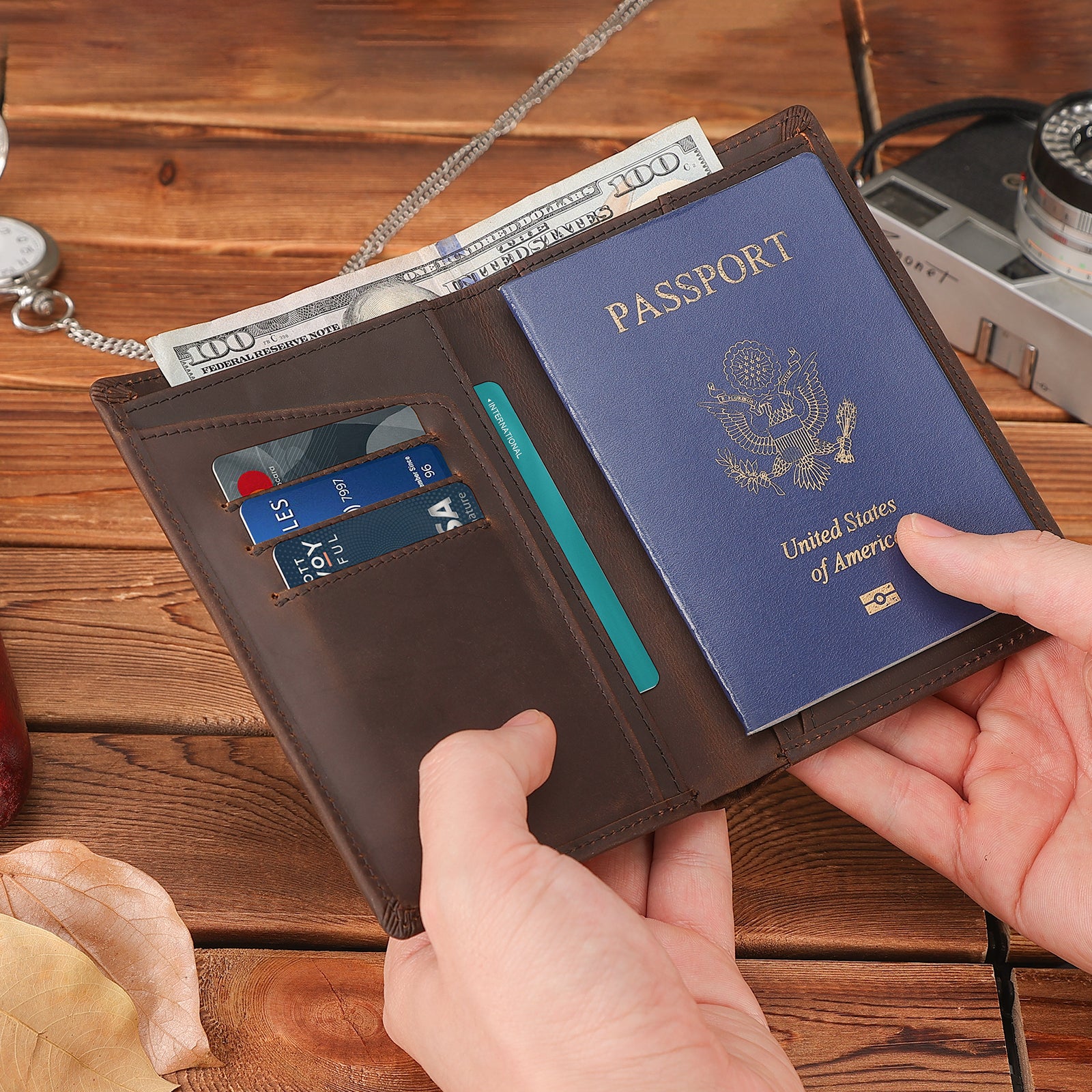 RFID Blocking Leather Passport Holder with AirTag Slot (Model Display)