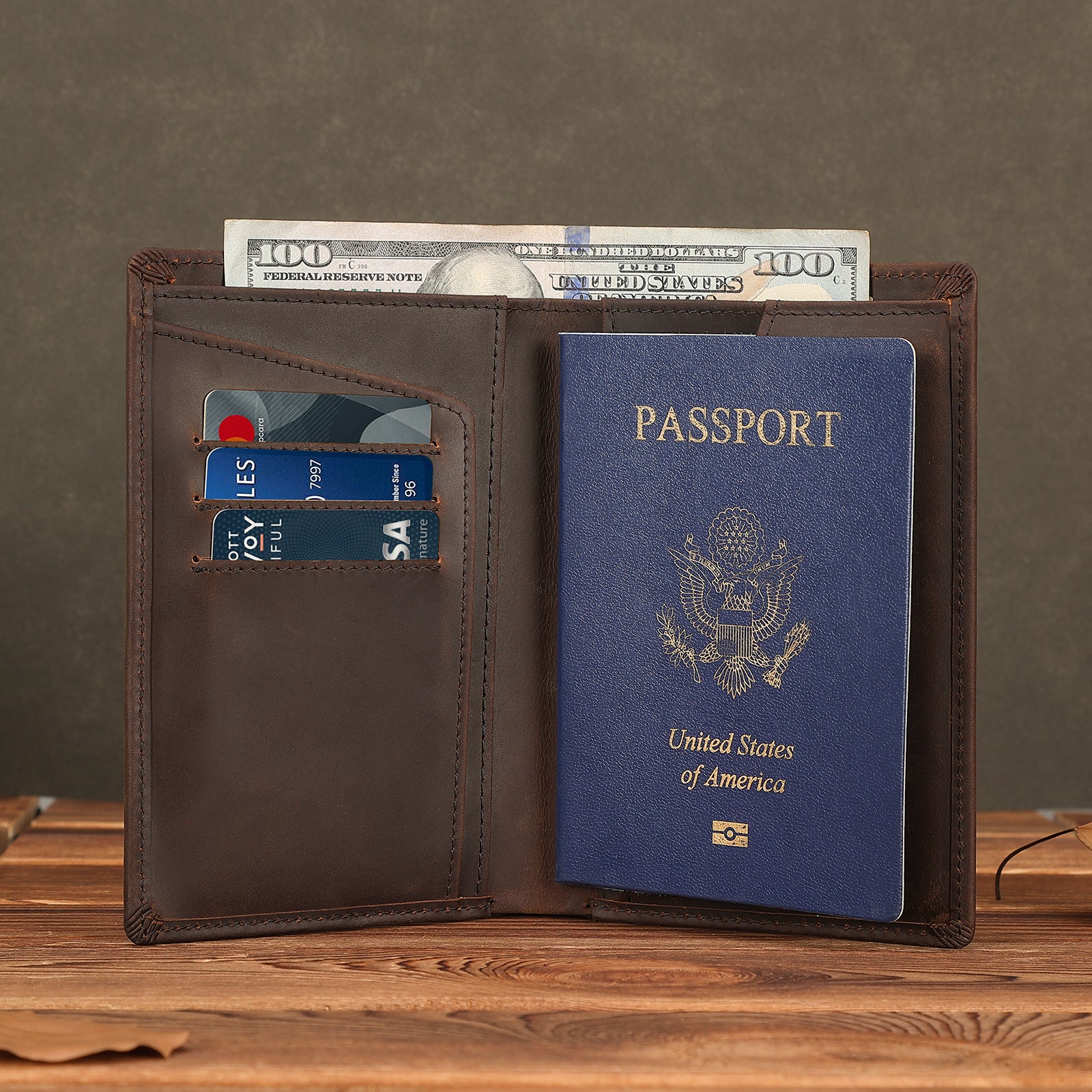 RFID Blocking Leather Passport Holder with AirTag Slot (Scenario Shows)