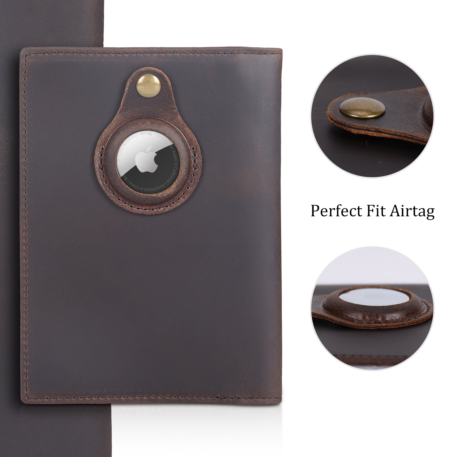RFID Blocking Leather Passport Wallet with AirTag Slot (Details)