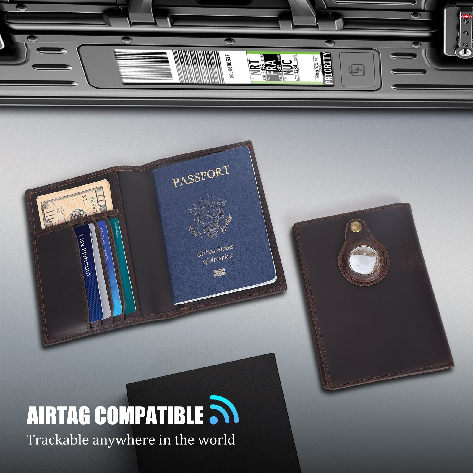 RFID Blocking Leather Passport Wallet with AirTag Slot (Scenario Shows)