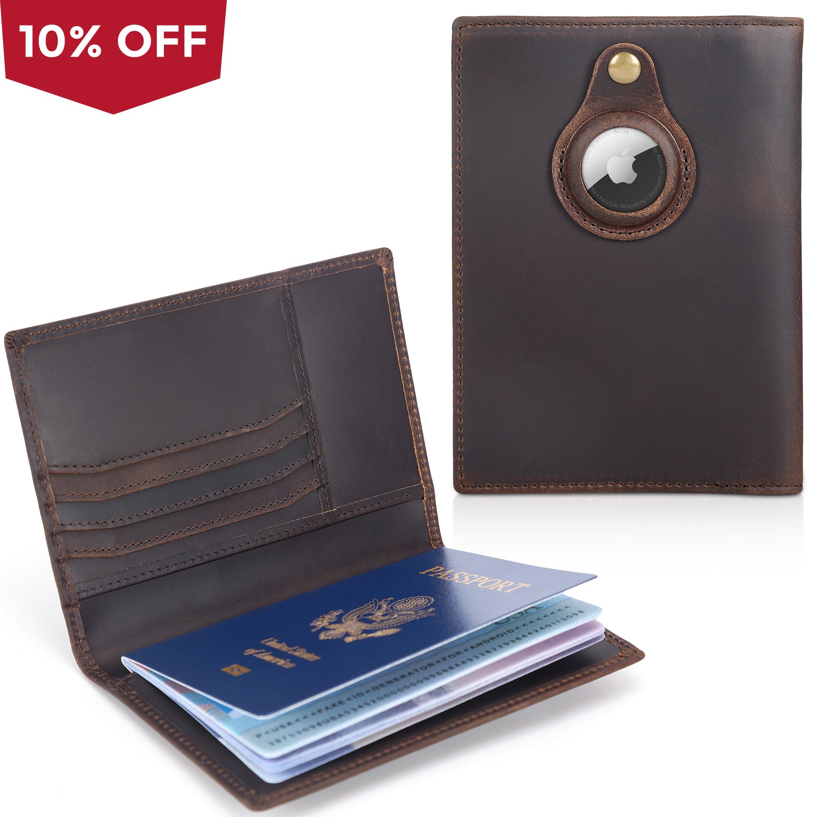 RFID Blocking Leather Passport Wallet with AirTag Slot