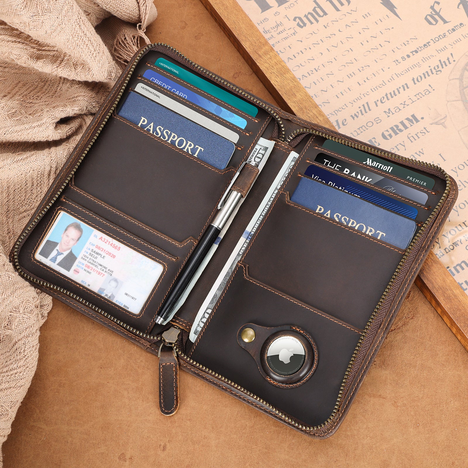 Full Grain Leather Passport Holder Cover Case for Men (Dark Brown,Scenario Shows)