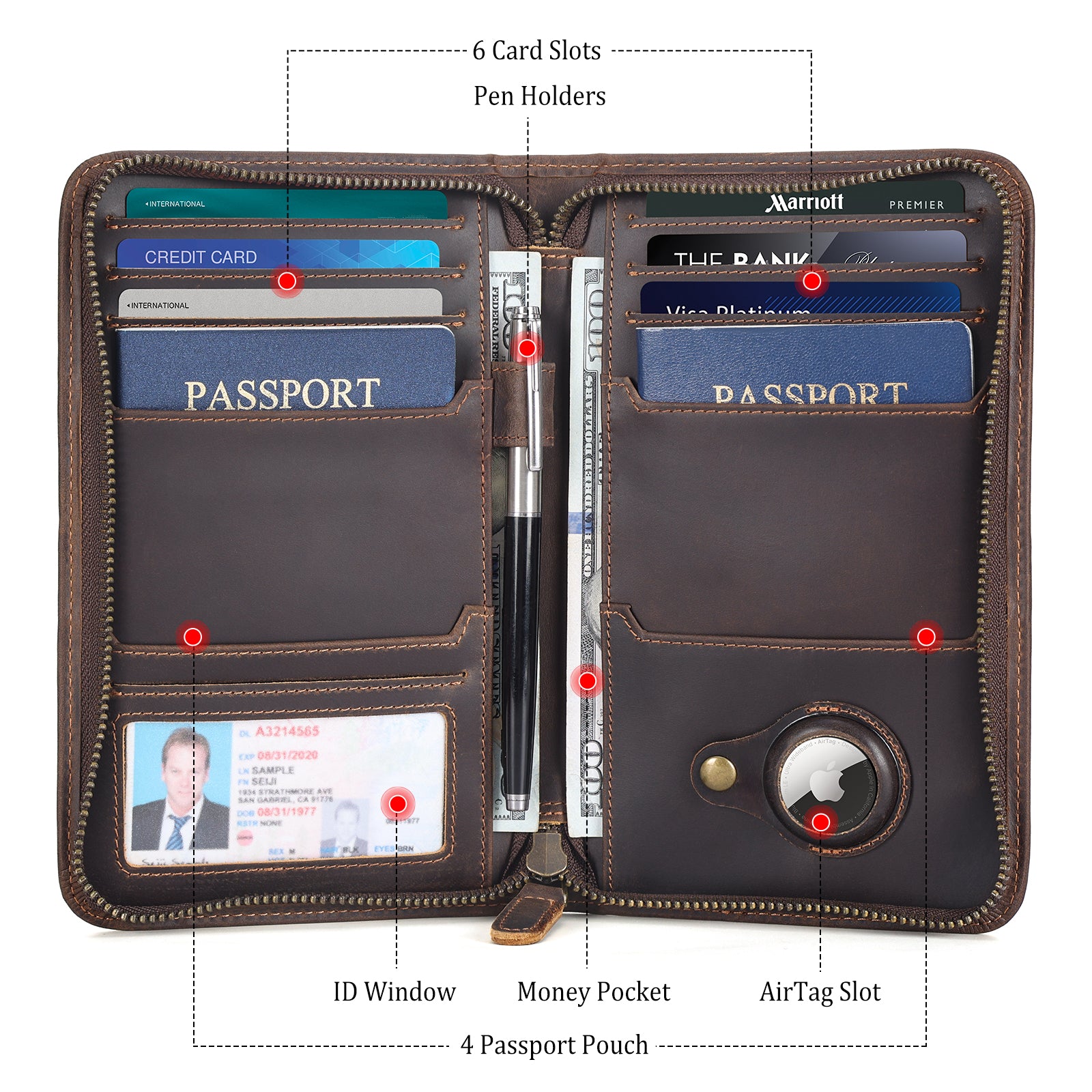 Full Grain Leather Passport Holder Cover Case for Men (Dark Brown,Inside)