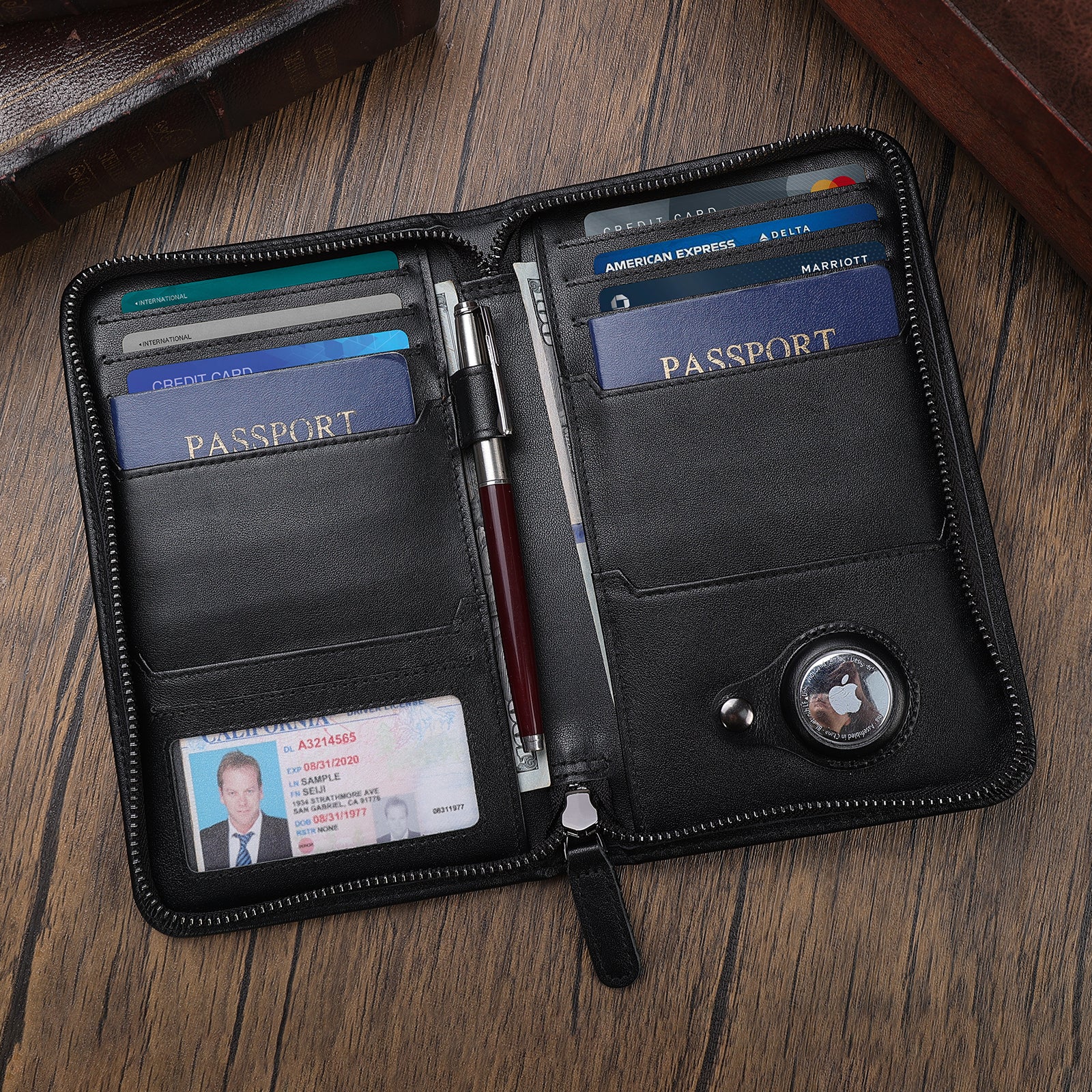 Full Grain Leather Family Travel Passport Wallet AirTag Slot (Black,Scenario Shows)