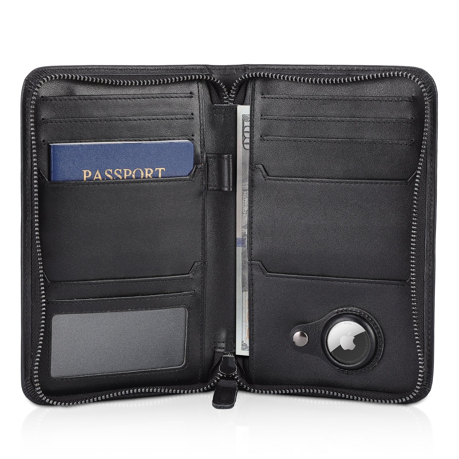 Full Grain Leather Family Travel Passport Wallet AirTag Slot (Black)