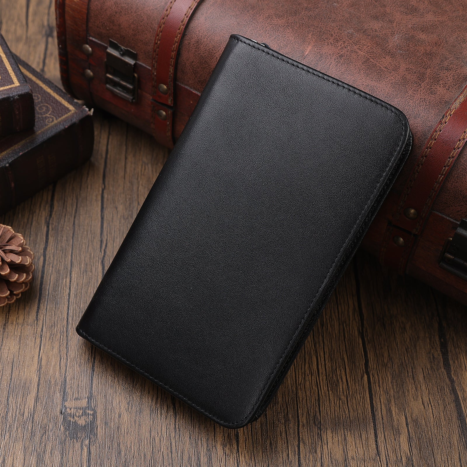 Full Grain Leather Family Travel Passport Wallet AirTag Slot (Black,Scenario Shows)