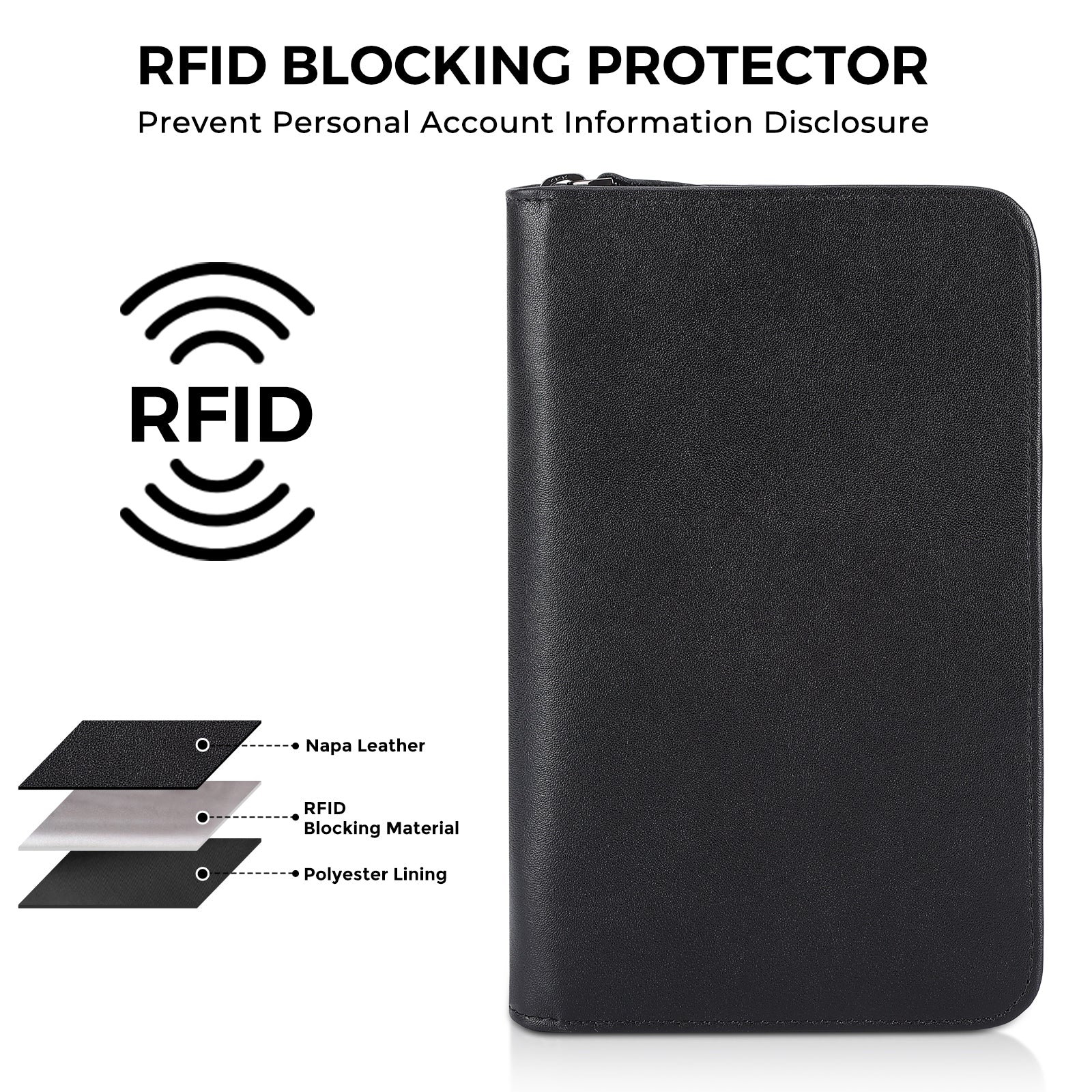 Full Grain Leather Family Travel Passport Wallet AirTag Slot (Black,RFID Blocking)