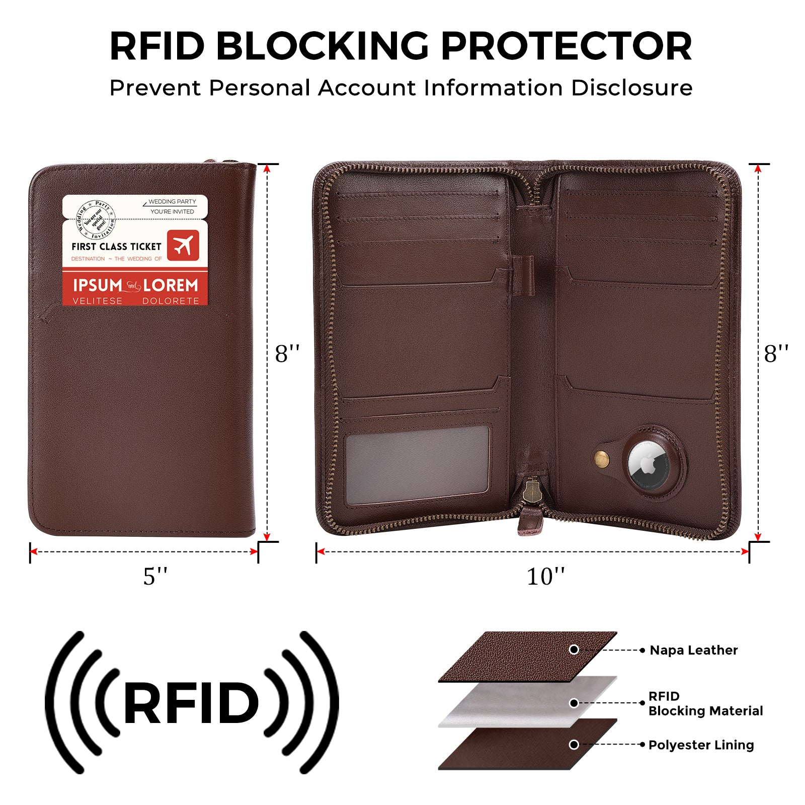 Full Grain Leather Family Travel Passport Wallet AirTag Slot (Coffee,Dimension)