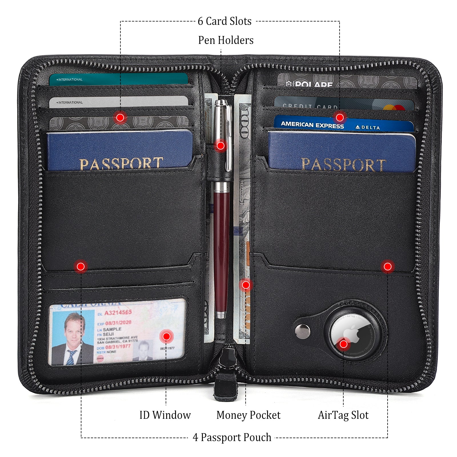 Full Grain Leather Family Travel Passport Wallet AirTag Slot (Black,Inside)