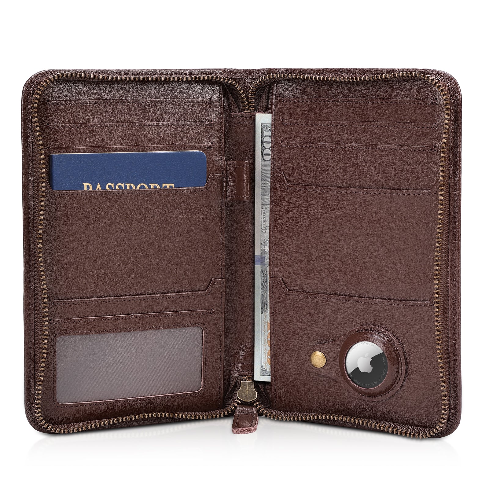 Full Grain Leather Family Travel Passport Wallet AirTag Slot (Coffee)
