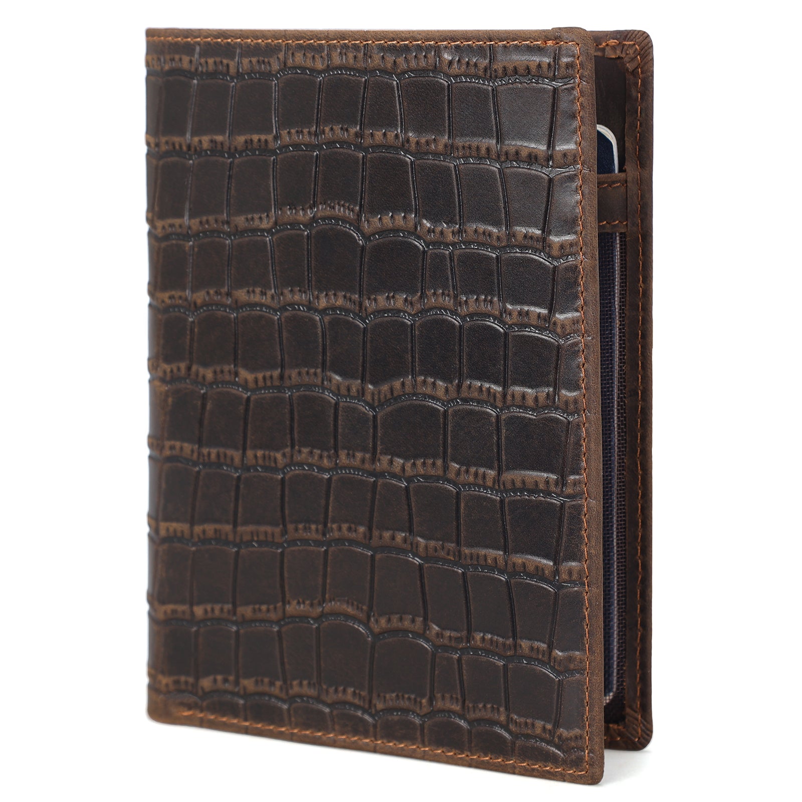 Polare RFID Blocking Leather Passport Holder Travel Bifold Wallet (Crocodile Dark Brown)