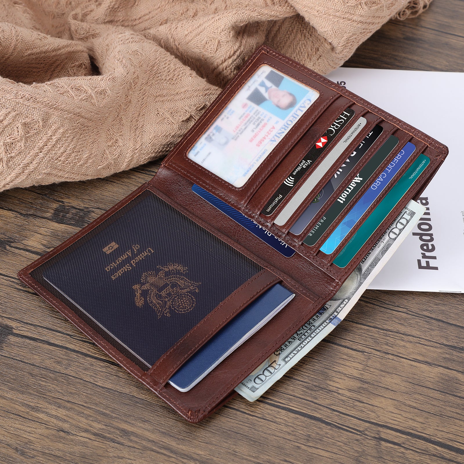 Polare RFID Blocking Leather Passport Holder Travel Bifold Wallet (Scenario Shows)