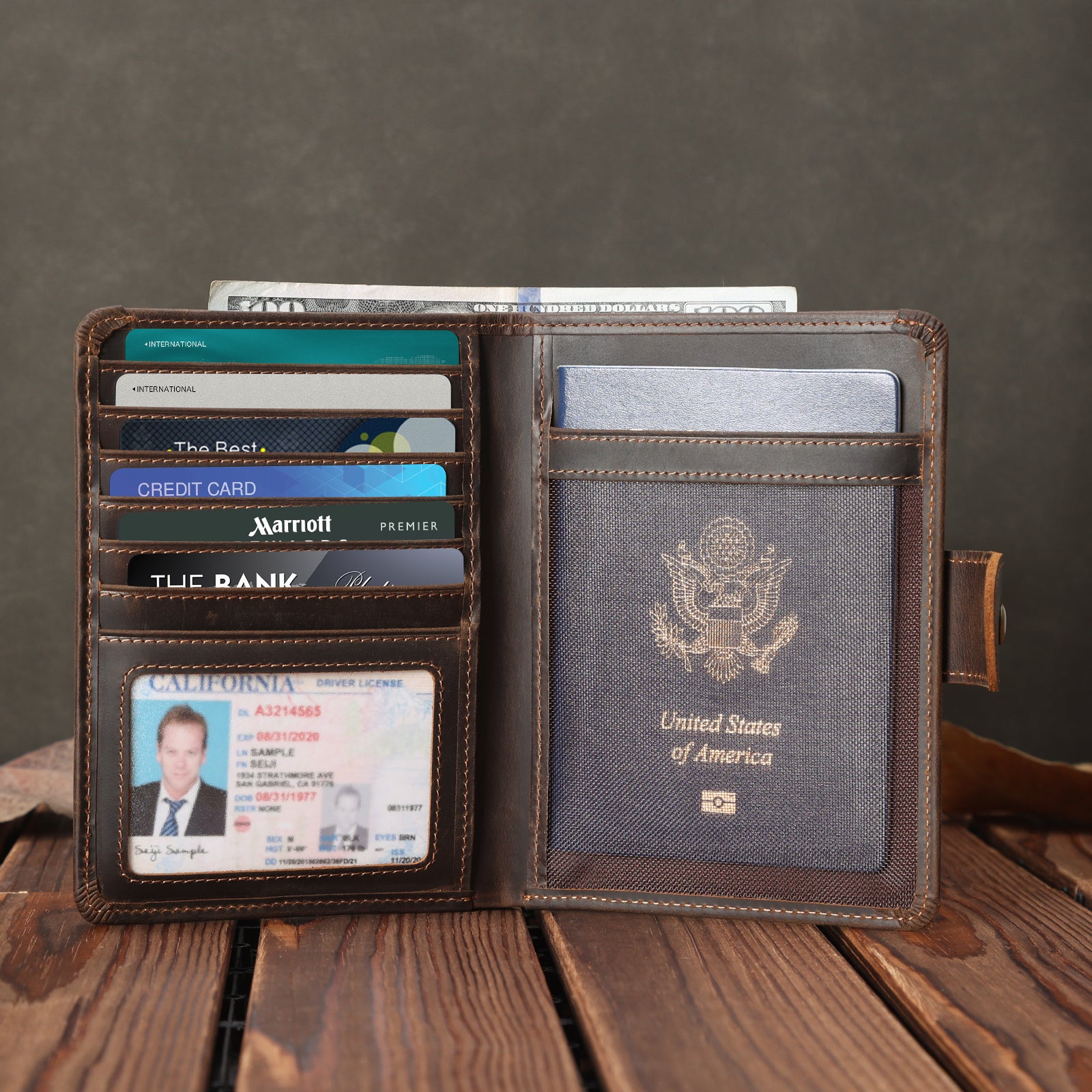 Luxury RFID Blocking Leather Passport Holder with AirTag Slot (Dark Brown,Scenario Shows)