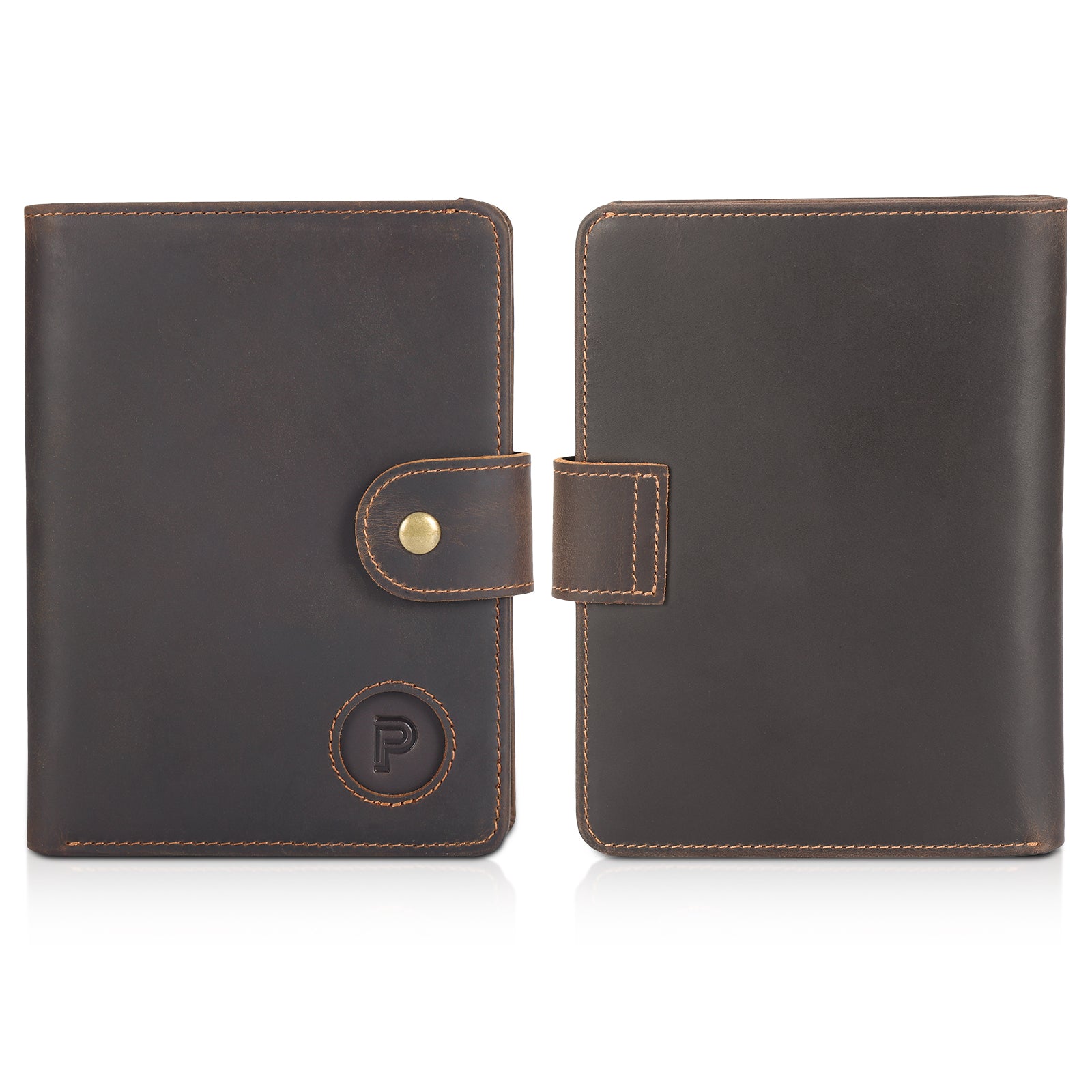 Luxury RFID Blocking Leather Passport Holder with AirTag Slot (Dark Brown,Front/Back)